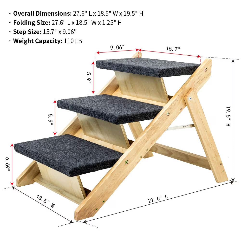 Wood Pet Stairs Pet Steps Foldable 3 Levels Dog Stairs Ramp Perfect