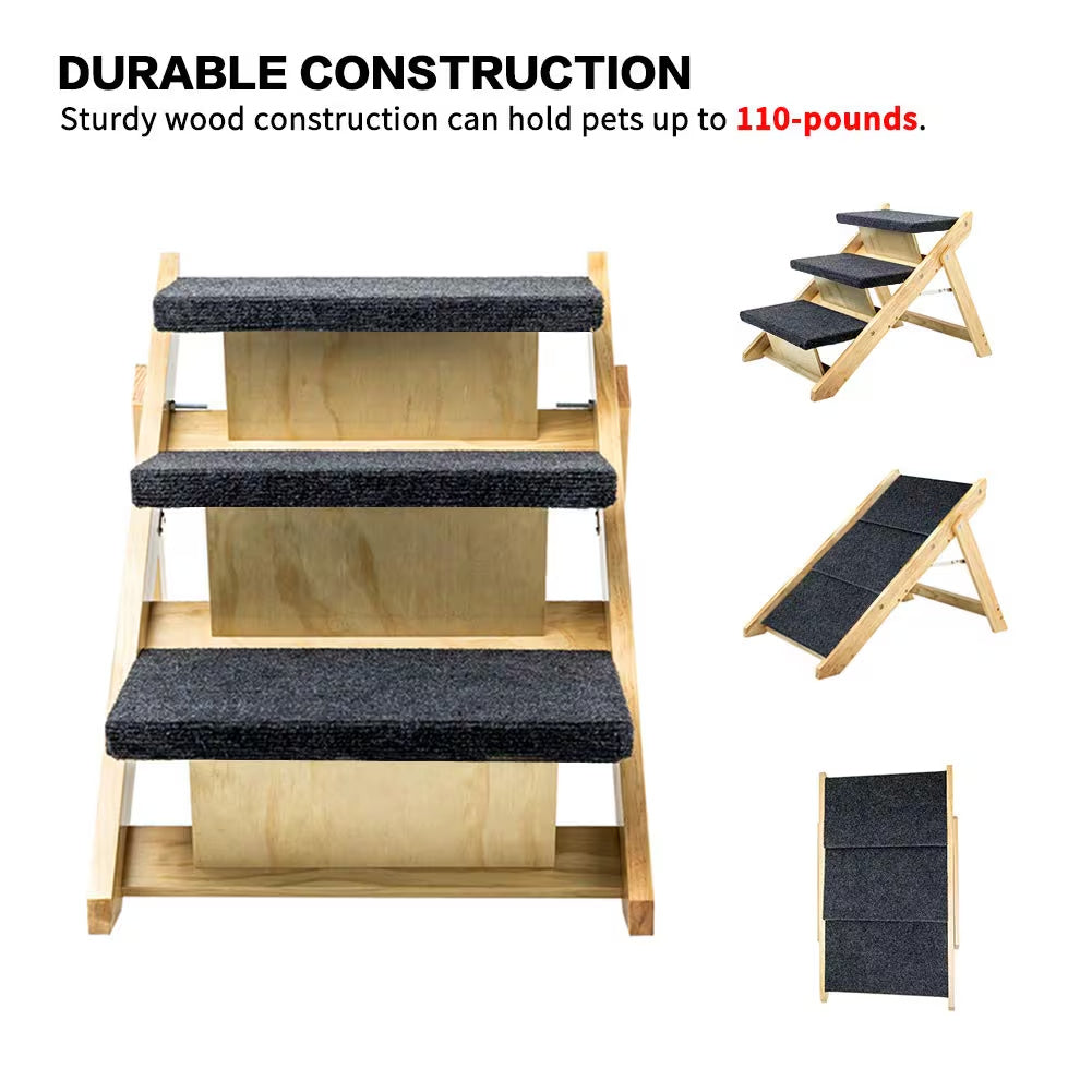 Wood Pet Stairs Pet Steps Foldable 3 Levels Dog Stairs Ramp Perfect
